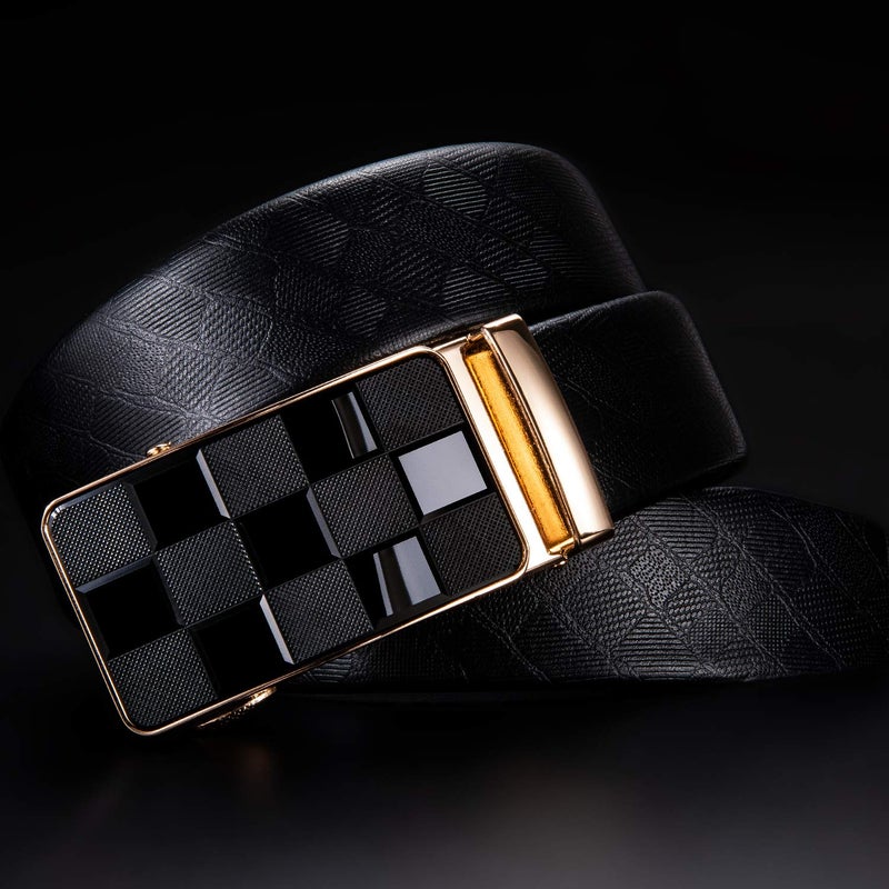 Dubulle Designer Men Leather Belt Fashion Black Plaid Sliding Adjustable Automaitc Rachet Buckle for Dress Casual - Image 5